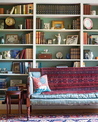 colorful living room design with bookself