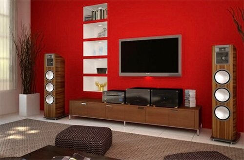 red colored living room design with tv unit