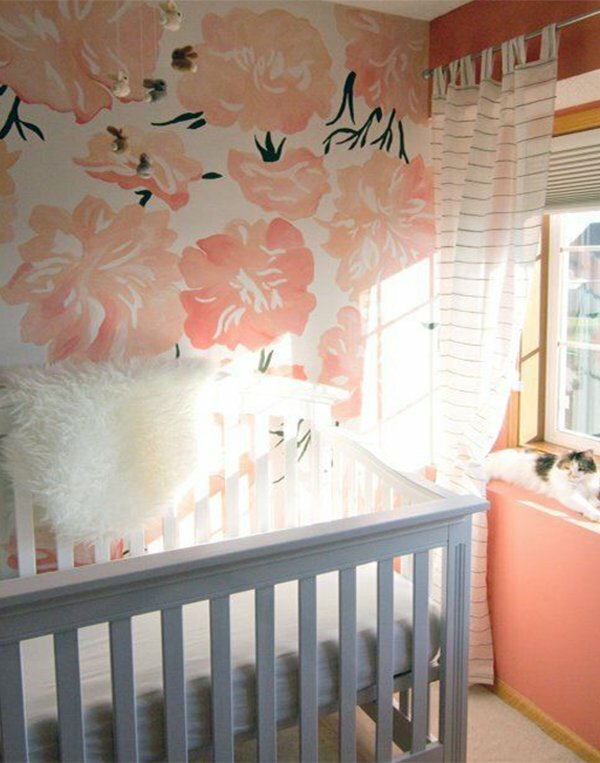 pink flowered wallpaper idea for nursery room