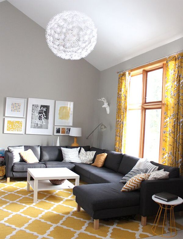 living room design with yellow carpet