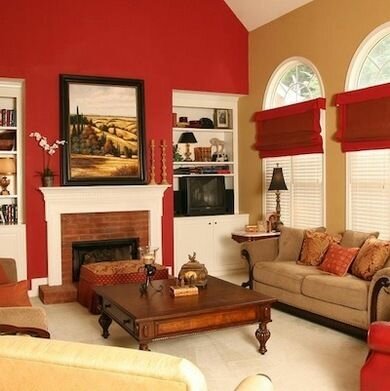 living room design with red wall