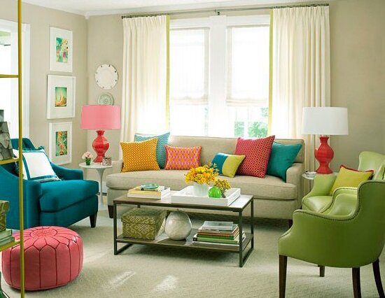 small living room design with colored pillows