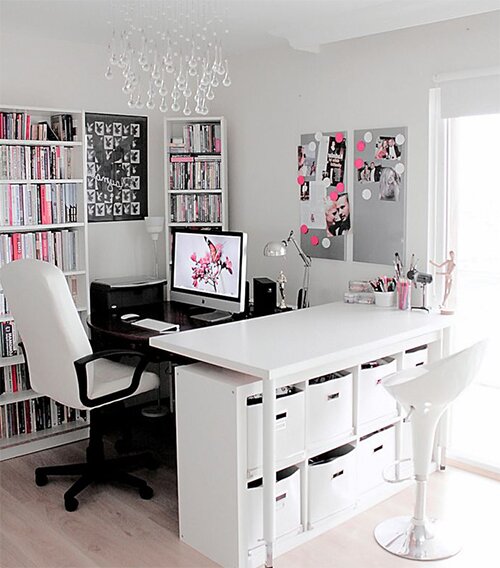 white and pink working space design